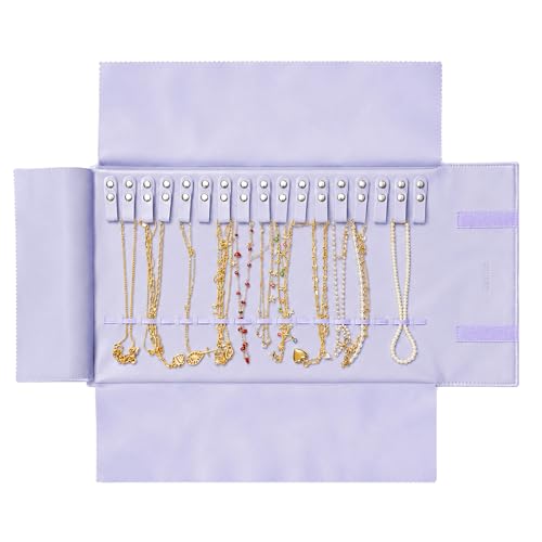 UnionPlus Travel Jewelry Roll, Faux Leather Necklaces Organizer Bag, Elastic Band and Anti-winding, Lavender Violet - color: Leather Lavender Violet, size: Medium
