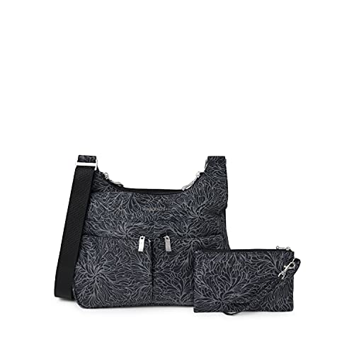 Baggallini Crossbody Travel Bag 11x8.5 Lightweight Water-resistant Nylon Handbag - color: Midnight Blossom Print