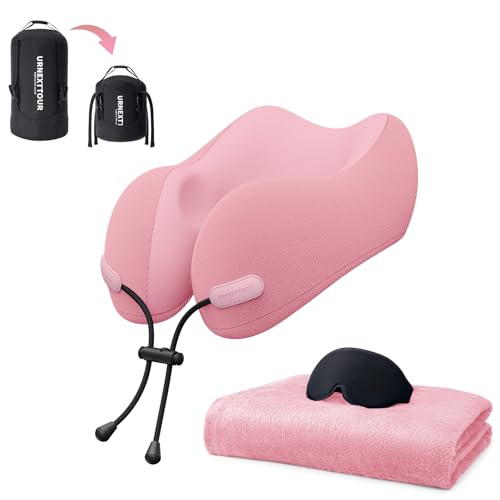 urnexttour Neck Pillow and Blanket Set for Travel Memory Foam Design Models Pillows with Eye Mask and 50% More Storage Bag Traveling Essentials Plane Car Flight Rest Sleeping Use Adult, Pink - color: Pink
