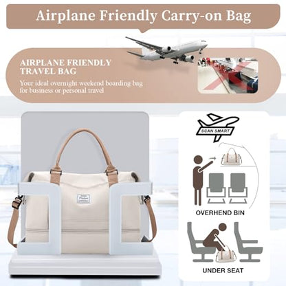 Weekender Bags for Women,Personal Item Travel Bag with Shoes Compartment,Overnight Travel Duffel Bag with Toiletry Bag - color: Beige & Brown, size: Large