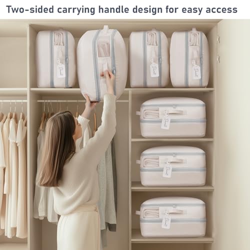 DIMJ Compression Storage Bags 8 Pack - Blanket Storage Bags with Window Zipper, Ultra Space Saving Self Compression Organizer for Puffer Jacket, Bedding, Lightweight Comforter Duvet, Sweater, Sheet - color: Beige, size: 39L x 8 Pack