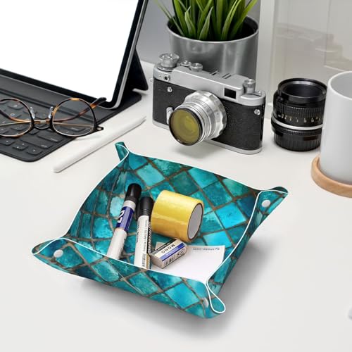 Valet Tray Leather Turquoise Blue Pattern Portable Catchall Tray Desktop Storage Organizer Bedside for Men Women Jewelry Keys Coin Candy Sundries Small - size: Small