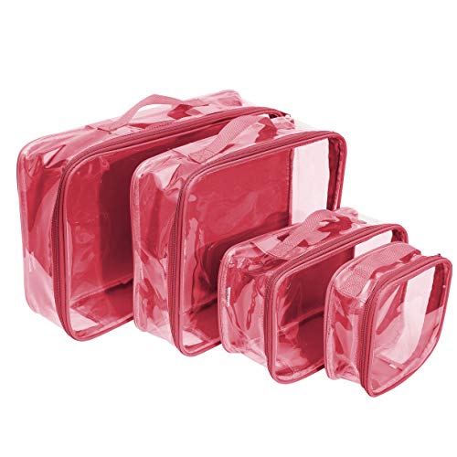 Clear Packing Cubes set of 4 / Packs 7-10 Days of Clothes/Premium PVC Plastic Storage Bags - color: Burgundy