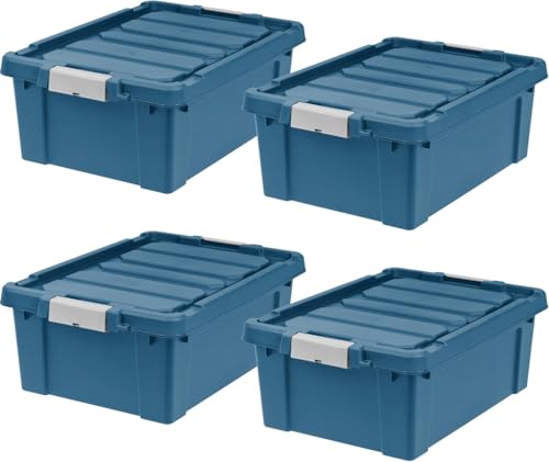 IRIS USA 12 Gallon Eco-Friendly Lockable Storage Bins with Lids, 4 Pack - Made in USA, Heavy Duty, Stackable Containers, Garage Organizing Bins Moving Tubs, Rugged Sturdy Equipment Utility Box - Navy - color: Navy, size: 12 Gal - 4 Pack
