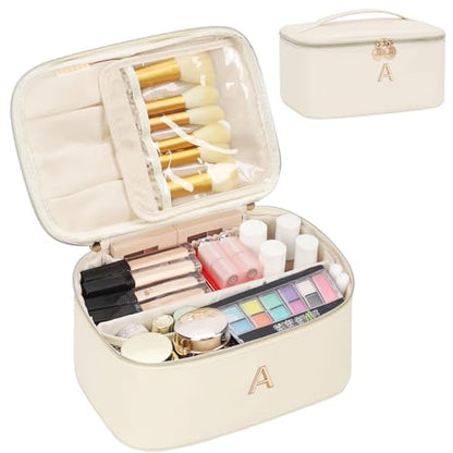 OCHEAL Personalized Makeup Bag, Beige Make up Bag for Women, Monogrammed Travel Toiletry Kit, Gift-Ready Cosmetic Organizer for Christmas Birthday & Stocking Stuffers A - color: Beige, style: A