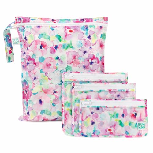 Bumkins - Waterproof Wet Bag & Clear Travel Bags - For Beach, Baby, Travel, Swim Suit, Cloth Diapers, Pump Parts, Pool, Gym, Toiletries - Reusable & Easy to Clean - Watercolor - 4 Pack - color: B2 Watercolor-4