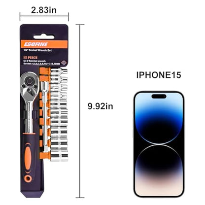 Egofine 12pcs 1/4 Inch Mini Ratchet Socket Wrench Set, Drive Socket Set with 10 Sockets (4-13mm) and 2 Way Quick Released Ratchet Handle and Extension Bar, Orange - size: 1/4, style: 12PC Orange Standard Socket Set