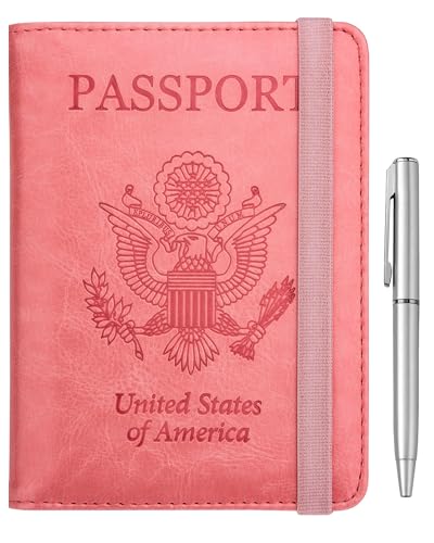 WALNEW Passport Holder for Travel, RFID Passport Cover Wallet for Women Men, PU Leather Passport Book Card Holder Case with Pen, Travelling Essentials for Flying - color: A-Pink, style: Elastic Band Closure