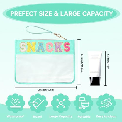 Chenille Letter Clear Zipper Pouch for Travel Preppy Patch Makeup Bag-Nylon Cosmetic Preppy Makeup Waterproof Organizer Bag Set for Women Valentines Bag (LS-SNACKS) - color: LS-SNACKS