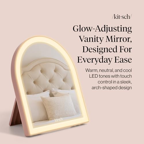 Kitsch Arch Desk Vanity Mirror with Lights, LED Makeup Surface, Touch Sensor Dimmable Warm Neutral Cool Glow, Rechargeable Desk Mirror with Kickstand for Travel - Terracotta