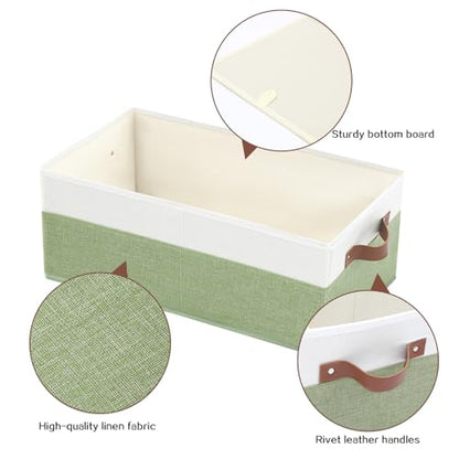 3 Pack Large Capacity Storage Bins Closet Organizer for Shelves, Fabric Closet Storage Baskets Boxes with Leather Handles for Organizing Clothes, Sheets, Jeans, Toys, Books (Green) - style: 3 Pack Green & White