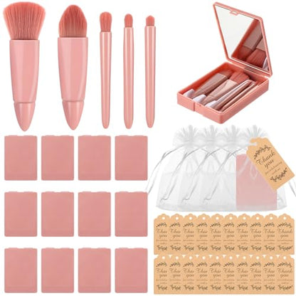 Funnymoom 12 Set Travel Makeup Brush Set Bulk with Mirror Mini Travel Makeup Brushes Thank You Cards and Organza Bag Bridesmaid Gift for Bachelorette Party Gift Wedding(Pink)