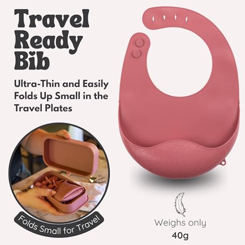 Baby Travel Essentials 6 Pc Silicone Feeding Set - Portable Toddler Plates with Suction, Baby Spoons & Foldable Bib in Carrying Case - BPA-Free Infant & Toddler Utensils for Airplanes & Eating Out - color: Dark Pink