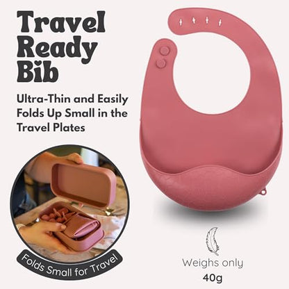 Baby Travel Essentials 6 Pc Silicone Feeding Set - Portable Toddler Plates with Suction, Baby Spoons & Foldable Bib in Carrying Case - BPA-Free Infant & Toddler Utensils for Airplanes & Eating Out - color: Dark Pink