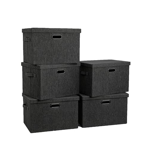 Collapsible Storage Bin with Lid Linen Fabric Foldable Storage Box Organizer with Cover Suitable for Home Bedroom Office Nursery (Black, Medium-5Pack) - color: Black, size: Medium-5Pack
