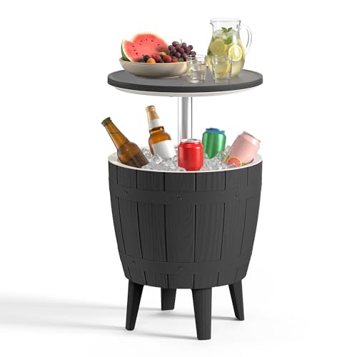 EasyUp Outdoor Resin Ice Bucket & Beverage Cooler-Patio Cooler Table with UV Protection,Wood-Look Side Tables for Your Patio, Picnic, and Beach Party (Black) - color: Black, size: 19.06*19.06*32.48inch