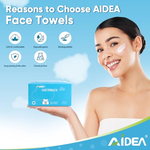 AIDEA XL Face Towels Disposable 50Ct, Clean Facial Cloths, Facial Cleansing Wipes for Sensitive Skin, Face Towelettes for Makeup Removing, Nursing, Travel, Dry Wipes 9.84"×11.81" - style: 9.84"×11.81" (Pack of 50)