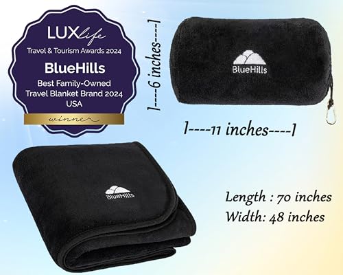 BlueHills Travel Blanket Pillow Rolled Premium Soft Plush Airplane Throw Traveling Accessories Gifts Compact in a Bag 70 X 48 inches Long Plane Flight Portable Lightweight Black R05 - color: R05-black