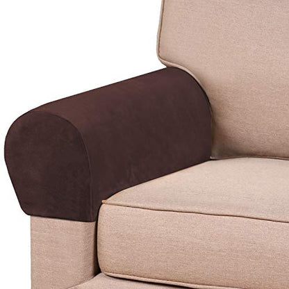 PrinceDeco 2 Pack Thick Velvet Stretch Armrest Covers for Chairs and Sofas - Non Slip Armchair Covers for Arms, Brown - color: Brown