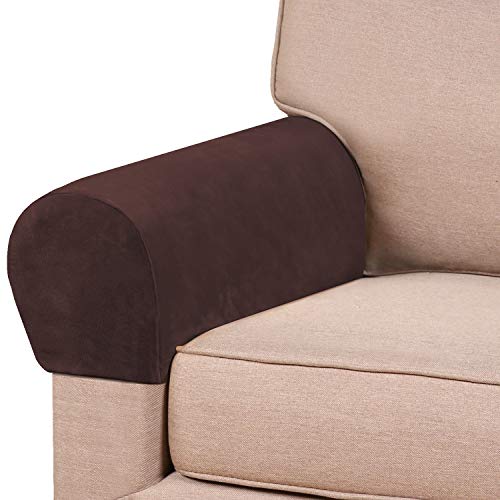 PrinceDeco 2 Pack Thick Velvet Stretch Armrest Covers for Chairs and Sofas - Non Slip Armchair Covers for Arms, Brown - color: Brown