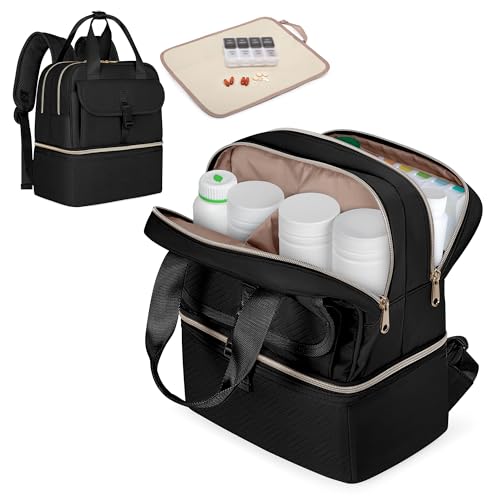Fasrom Medicine Travel Bag Backpack with Insulated Compartment & Waterproof Mat, Double Layer Pill Bottle Organizer for Prescription, Vitamins and Medical Supplies, Black (Empty Bag Only) - color: Black