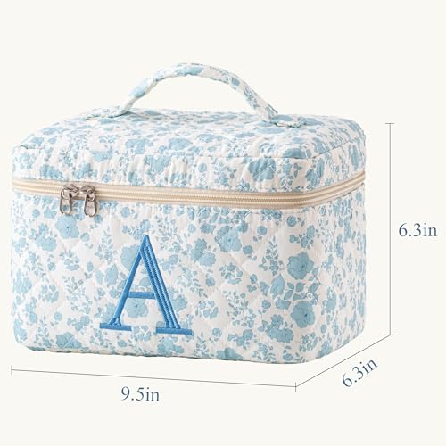 HBselect Initial Quilted Makeup Bag, Cotton Large Travel Make up Bag, Cute Floral Coquette Cosmetic Bag Toiletry Bag for Women Girls A - color: 1Pc Large Blueflower, style: A