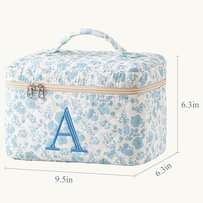 HBselect Initial Quilted Makeup Bag, Cotton Large Travel Make up Bag, Cute Floral Coquette Cosmetic Bag Toiletry Bag for Women Girls A - color: 1Pc Large Blueflower, style: A