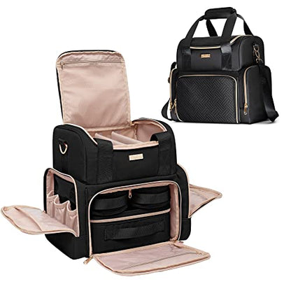 Large Cosmetic Bag with 3 Removable Case, Double Layer Travel Organizer with Inner Dividers and Makeup Brushes Storage Section, Black (Patented Design) - color: Black
