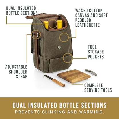 PICNIC TIME 2 Bottle Insulated Wine Bag with Cheese Board and Knife Set - Wine Picnic Bag - Distressed Waxed Canvas Wine Tote, (Khaki Green with Brown Accents) - color: Khaki Green With Brown Accents