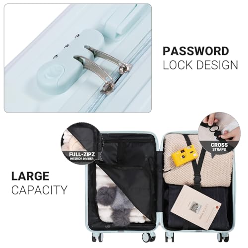 Carry-on Luggage with Cup Holder & USB Charging Port, Hard Side Luggage with Spinner Wheels, Lightweight Luggage for Travel, Business, School (light blue, Carry-On 20-Inch) - color: light blue