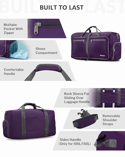 Gonex Large Foldable Travel Duffle Bag with Shoes Compartment, Packable Lightweight Water Repellent Duffel Bag for Camping Gym Weekender Bag - color: Purple, size: 60L