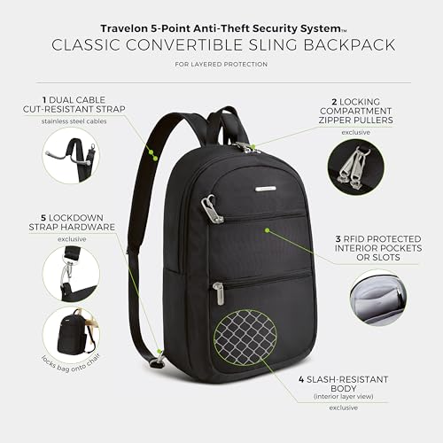 Travelon Anti-Theft Classic Convertible Sling Backpack - color: Black
