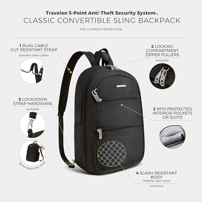 Travelon Anti-Theft Classic Convertible Sling Backpack - color: Black