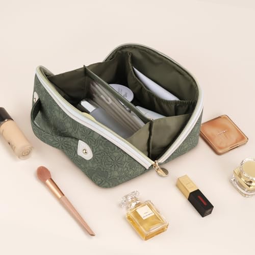 Prite Makeup Bag for Women Travel Waterproof Vegan Leather Cosmetic Bag Open Flat Toiletry Bag With Clear Divider and Handle (Green Flower, Medium) - color: Green Flower, size: Medium