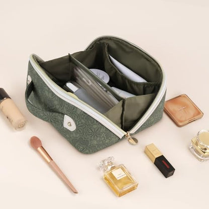 Prite Makeup Bag for Women Travel Waterproof Vegan Leather Cosmetic Bag Open Flat Toiletry Bag With Clear Divider and Handle (Green Flower, Medium) - color: Green Flower, size: Medium