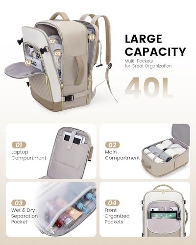 LOVEVOOK Large Travel Backpack for Women, TSA Carry on Backpack for Airplanes, 40L Personal Item Travel Bag for Women fits 17" Laptop,Waterproof Carry on Bag Airplane Approved with 3 Packing Cubes - color: Khaki - Beige - Abricot, size: 40L-4Pcs