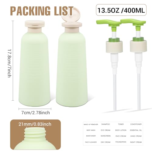 13.4oz Travel Shampoo Bottle with Flip Cap, Refillable Plastic Pump Bottles Dispenser for Soap, Shampoo, Lotions, Liquid Body Wash, Creams and Massage Oil (2 Pack, 13.5oz/400ml) - size: 13.5 fl oz