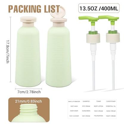 13.4oz Travel Shampoo Bottle with Flip Cap, Refillable Plastic Pump Bottles Dispenser for Soap, Shampoo, Lotions, Liquid Body Wash, Creams and Massage Oil (2 Pack, 13.5oz/400ml) - size: 13.5 fl oz