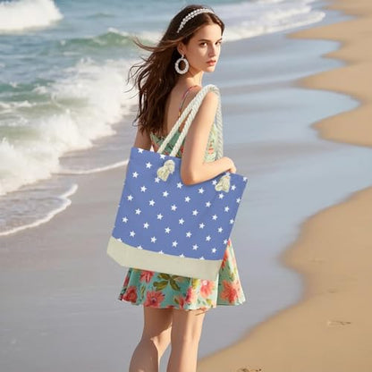 Fokongna Tote Bag For Women, Beach Bag Best Friend Travel Birthday Gifts, Travel Parties Vacation Shopping Essentials - color: Navy White Stars