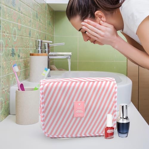 Travel Toiletry Bag for Women, Hanging Toiletry Bag with Multi-Pockets, Toiletry Bag for Traveling Easy Clean, Travel Organizer Bag Pink-strip - color: Pink-strip