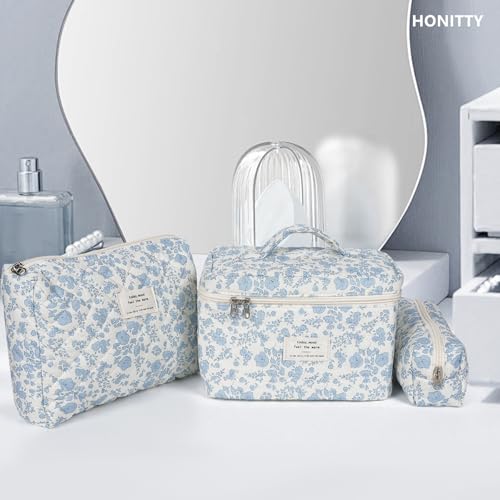 Makeup Bag,Quilted Cosmetic Bag,Large Floral Make Up Bag for Women,Cotton Makeup Bag Set,Flower Travel Toiletry Bag - color: Blue-White