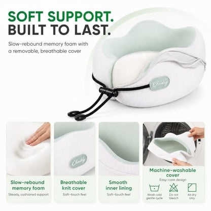 Memory Foam Travel Neck Pillow for Airplane Travel, Head and Chin Support, Adjustable Strap, Washable Cover, Carry Case