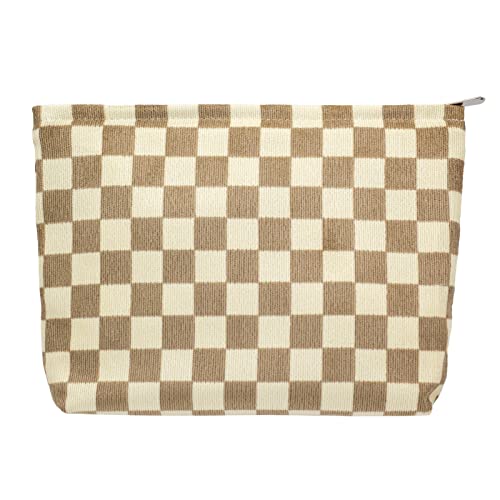 PAZIMIIK Makeup Bag Large Zipper Corduroy Make Up Pouch for Purse Travel Canvas Cosmetic Organizer for Women Brush Storage,Checkered Light Brown - color: Checkered Light Brown
