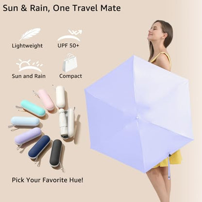 BAODINI Travel Essentials Mini Umbrella for Purse With Case Small Compact UV Sun Protection Lightweight Tiny Pocket Manual Open Close Umbrella for Women Kids and Men Fits Purse Backpack - color: B-Light Purple