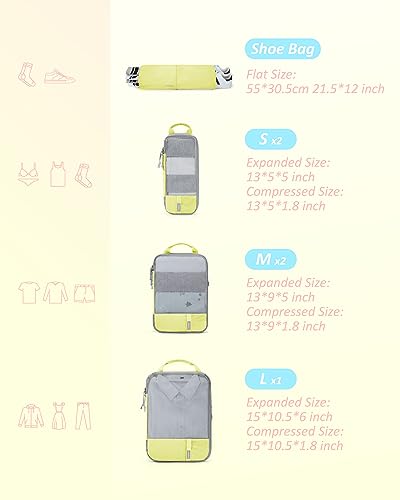 BAGSMART 6 Set /4 Set/2 Set Compression Packing Cubes for Travel, Lightweight Luggage Organizer Bags, Durable Space Saver Bags Travel Essentials - color: Sunray Yellow, size: Set of 6