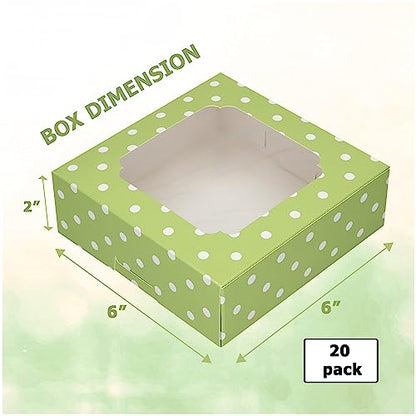 20 Pack Bakery Boxes with Window Small 6x6x2 inch for Cookie, Candy, Pastry, Brownie, Chiffon Cake, Tart, Pie, Waffle (Green-Polka Dot) - color: Green-Polka Dot