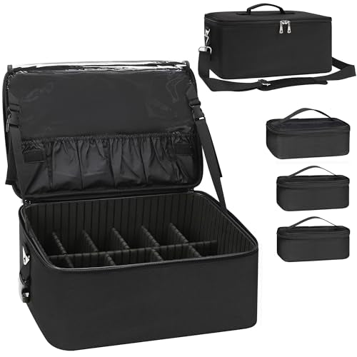 Relavel Makeup Bag Large Makeup Case Professional Cosmetic Storage Organizer Box Brush Holder with 3 Clear Set Bags for Makeup Artists with Shoulder Strap & Adjustable Dividers - color: Black, size: Large