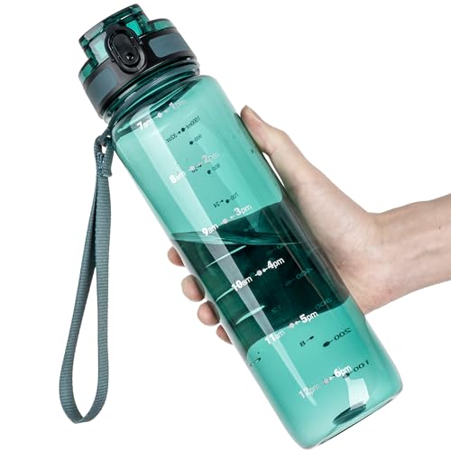 OLDLEY 32 oz Water Bottle, Motivational Water Bottle with Time Marker, Sports Water Bottle With Strap, Leakproof & BPA Free Large Water Bottles for School, Gym, Travel, Tritan, Transparent Dark Green - color: B-Transparent Dark Green, size: 32 Ounces
