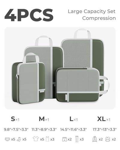 Percover Compression Packing Cubes for Travel, 4-Piece Structured Compression Organizer Set with Label Pockets for Carry-On & Checked Luggage, Green - color: Green, size: 4 Set