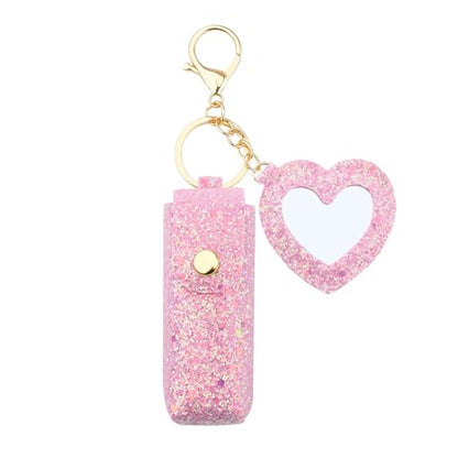 Sisadodo Glitter Lip Oil Holder Key Chains for Woman Lipstick Case with Mirror Lip Balm Keychain for Lipstick Case Keychain - color: Hot Pink-heart